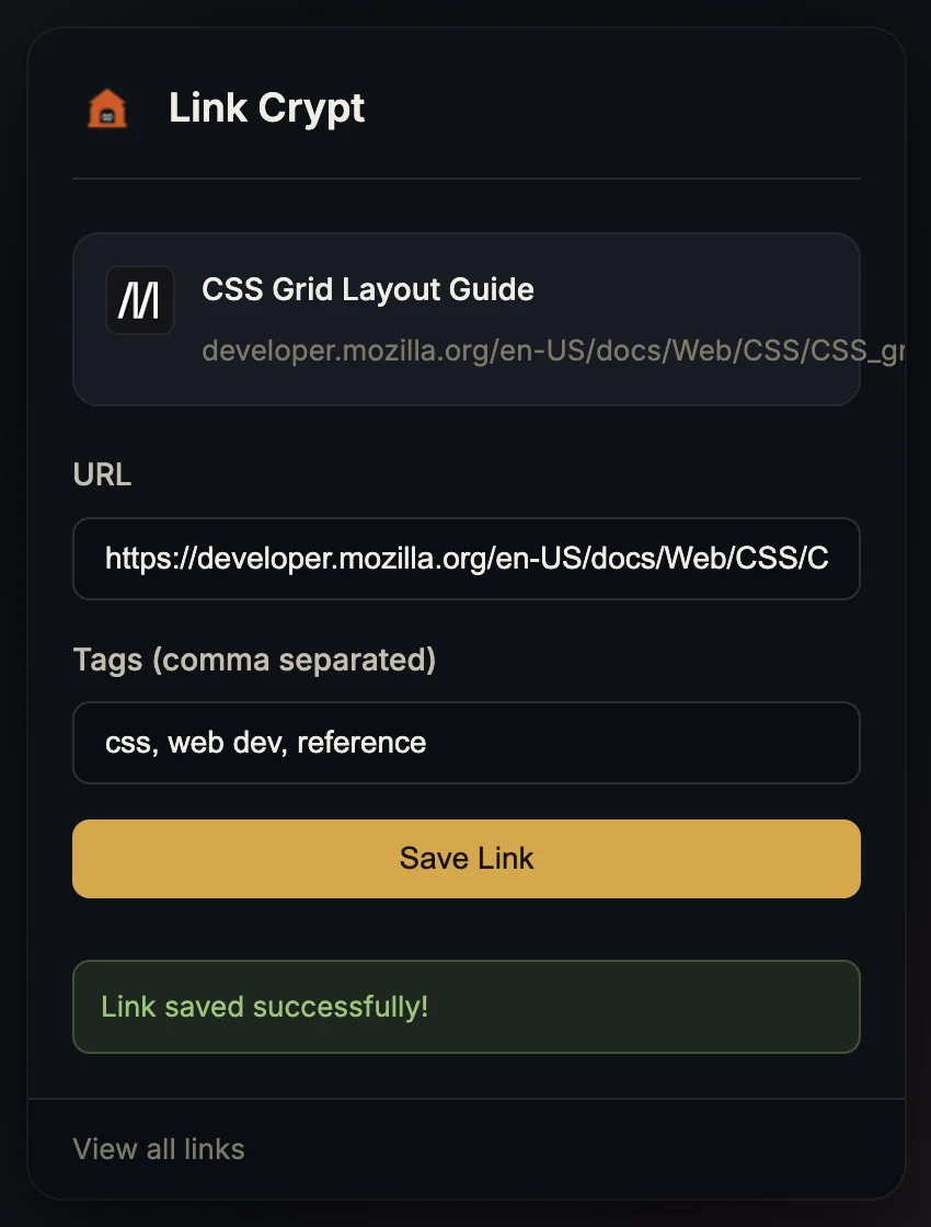 Link Crypt browser extension saving a page with tags