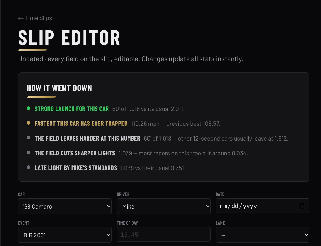 TrackSlip pass analysis listing what went right and what to change